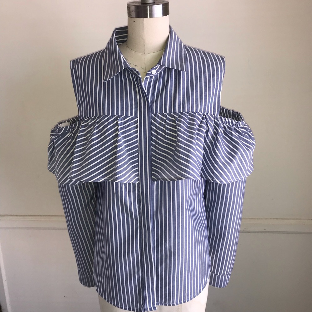 Open Shoulder Tailored Shirt w/ Ruffles